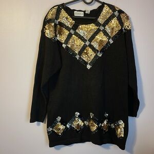 Studio C Vintage Distressed Sequin Knit Black Sweater Geometric Pattern size M